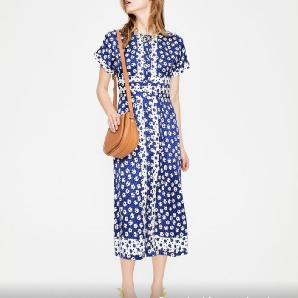BODEN Esmerelda Double Dot Silky Midi Dress Blue White Sz 2